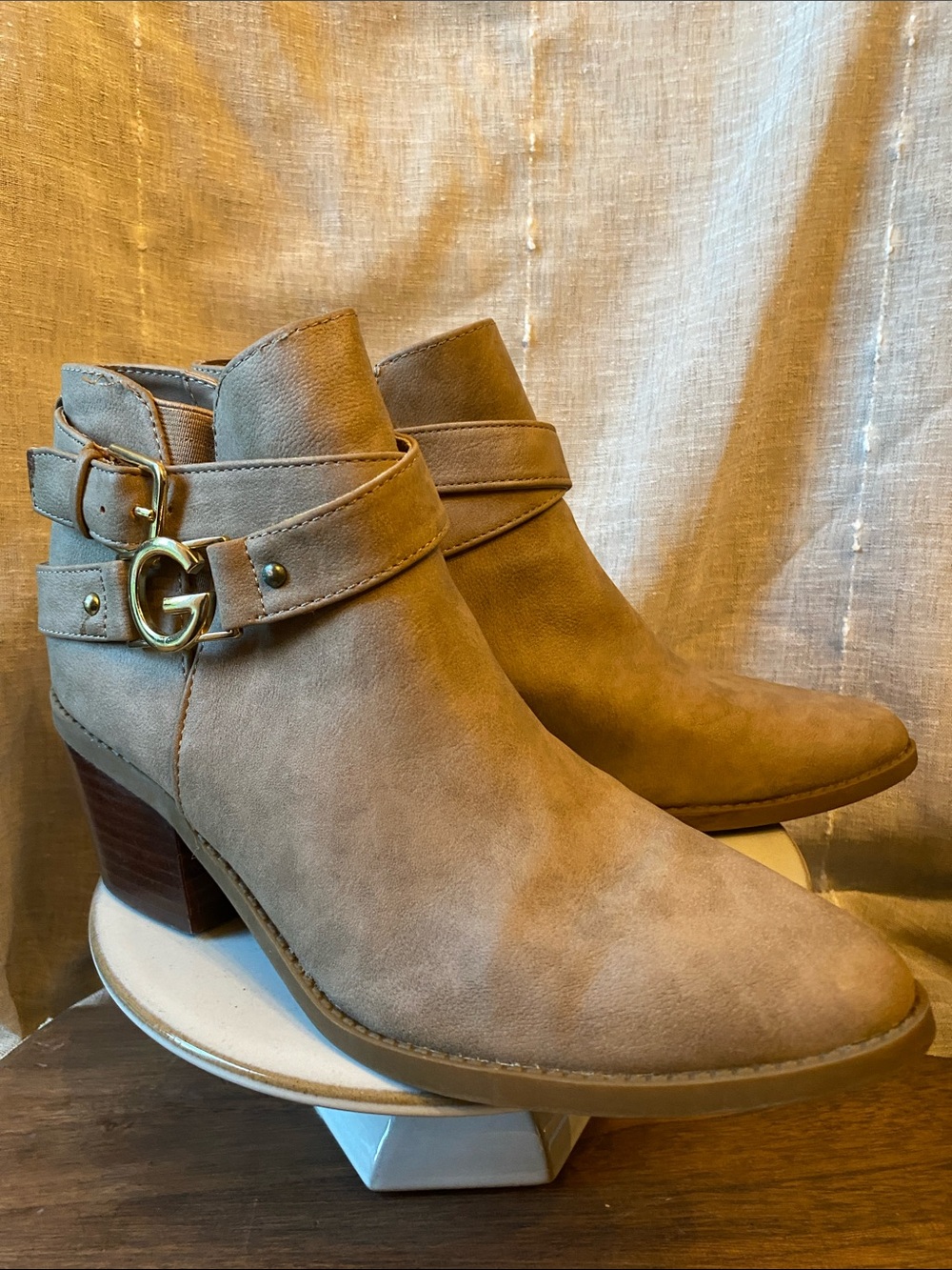 Guess Dustyn Ankle Booties wrap around strap gold “G” Logo buckle block heels